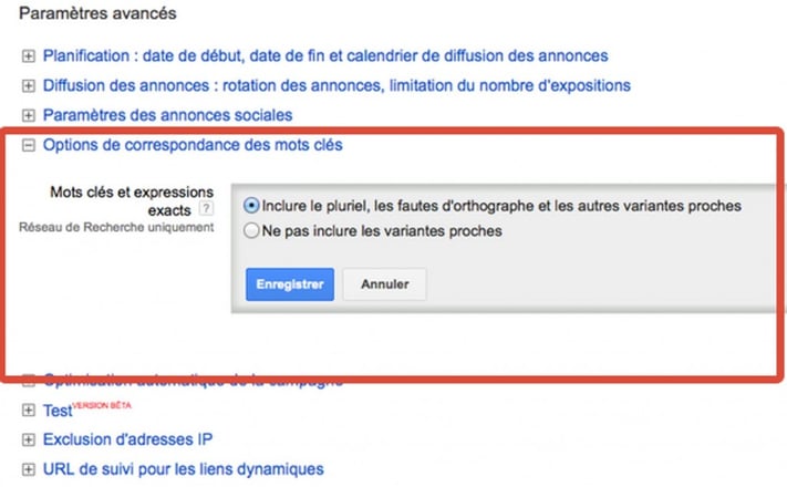 Options de correspondance des mots-clés Options de correspondance des mots-clés