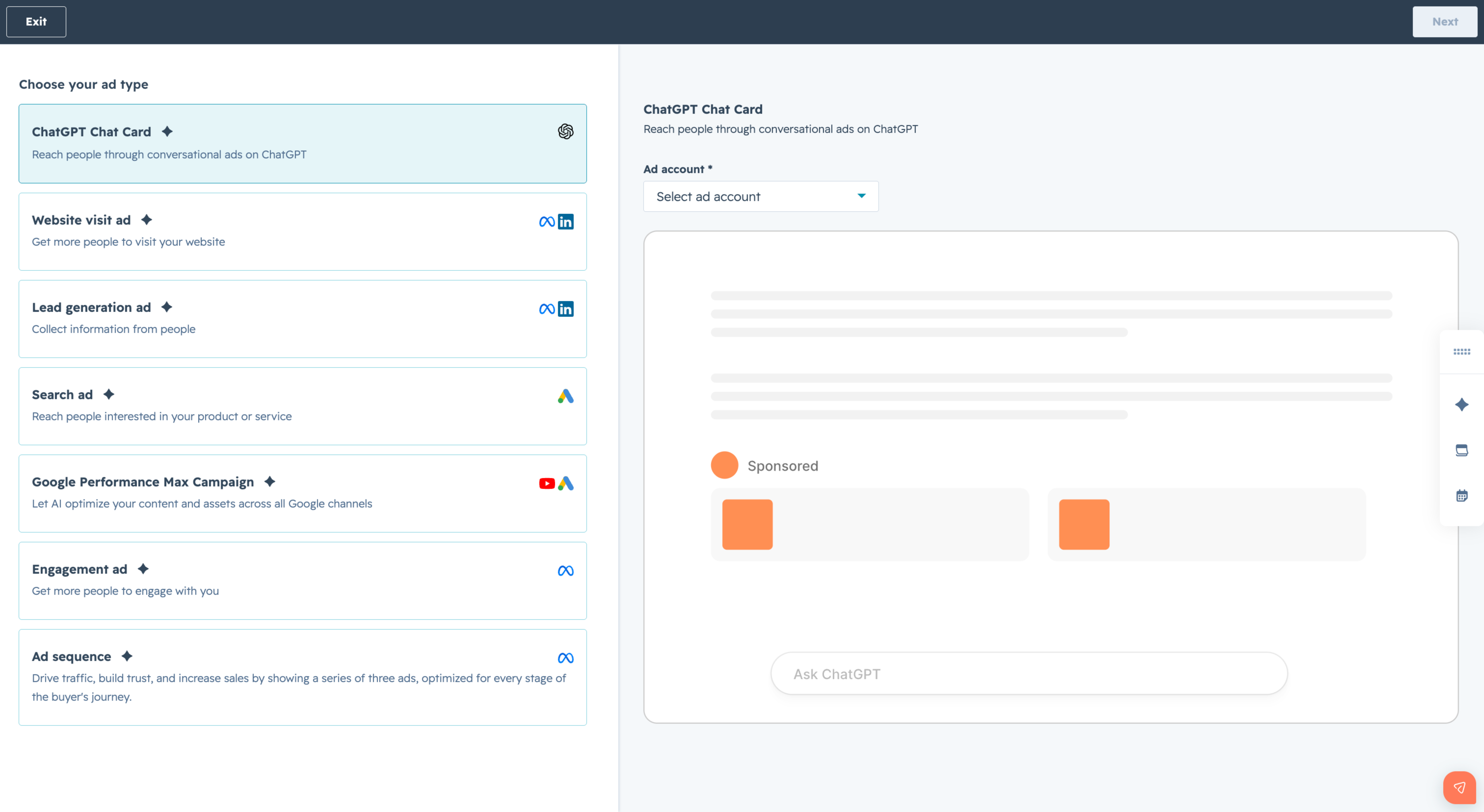 Interface de gestion des publicités ChatGPT dans HubSpot
